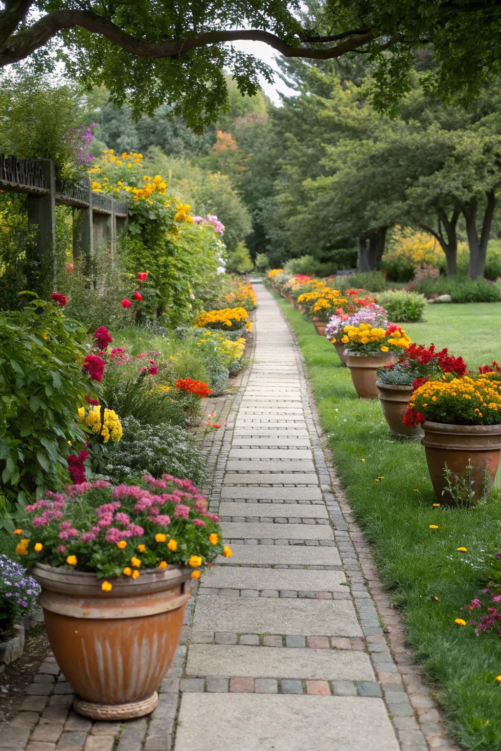Create a vibrant path with pots filled with colorful flowers.