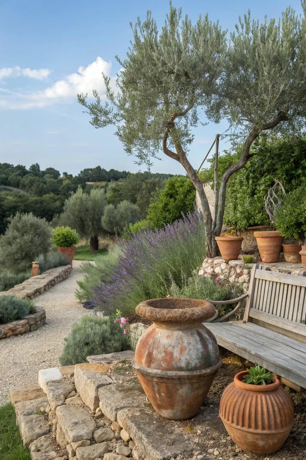 Create a Mediterranean-inspired garden corner with themed pots.