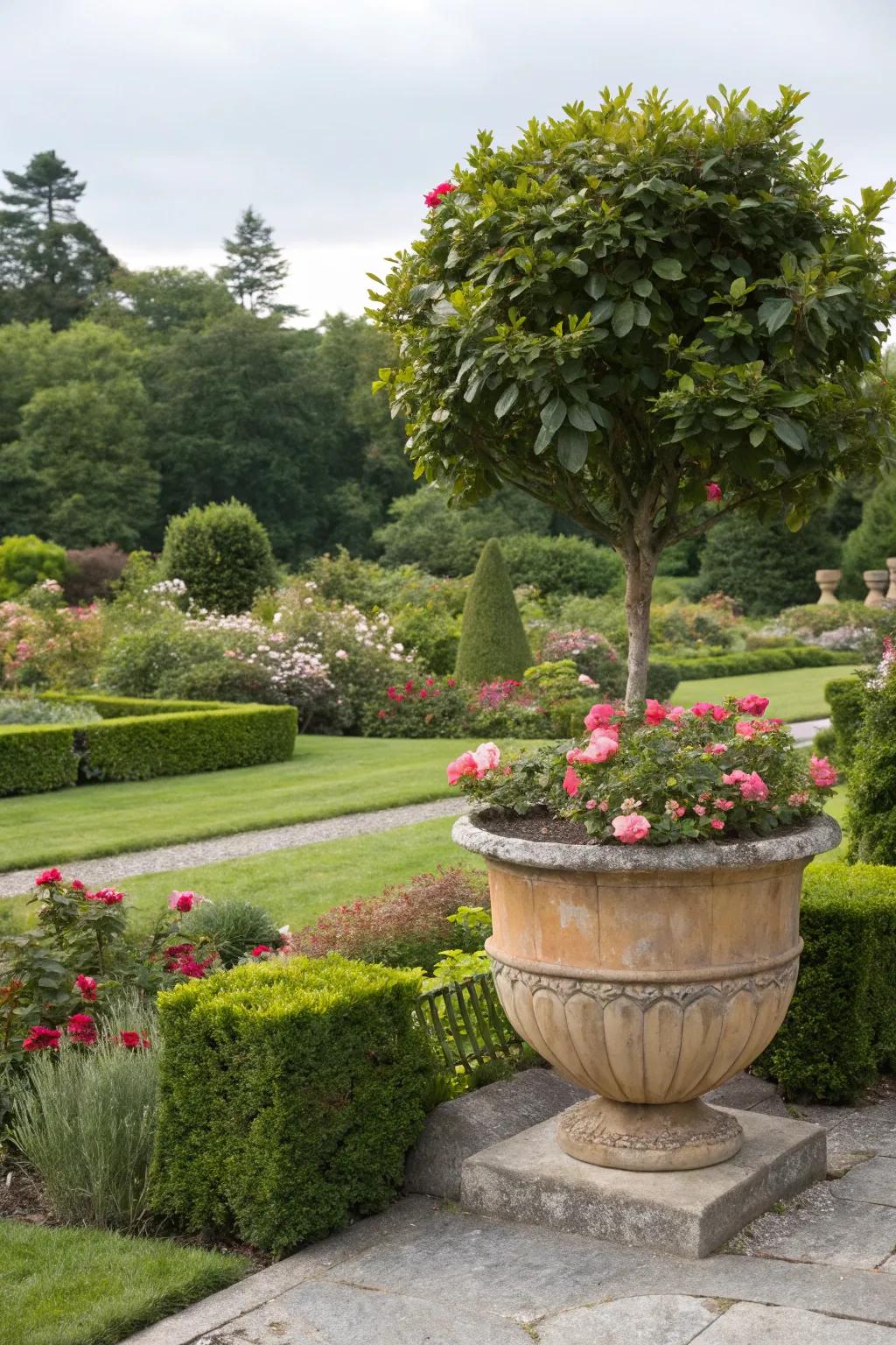 Oversized pots create striking focal points in any garden.