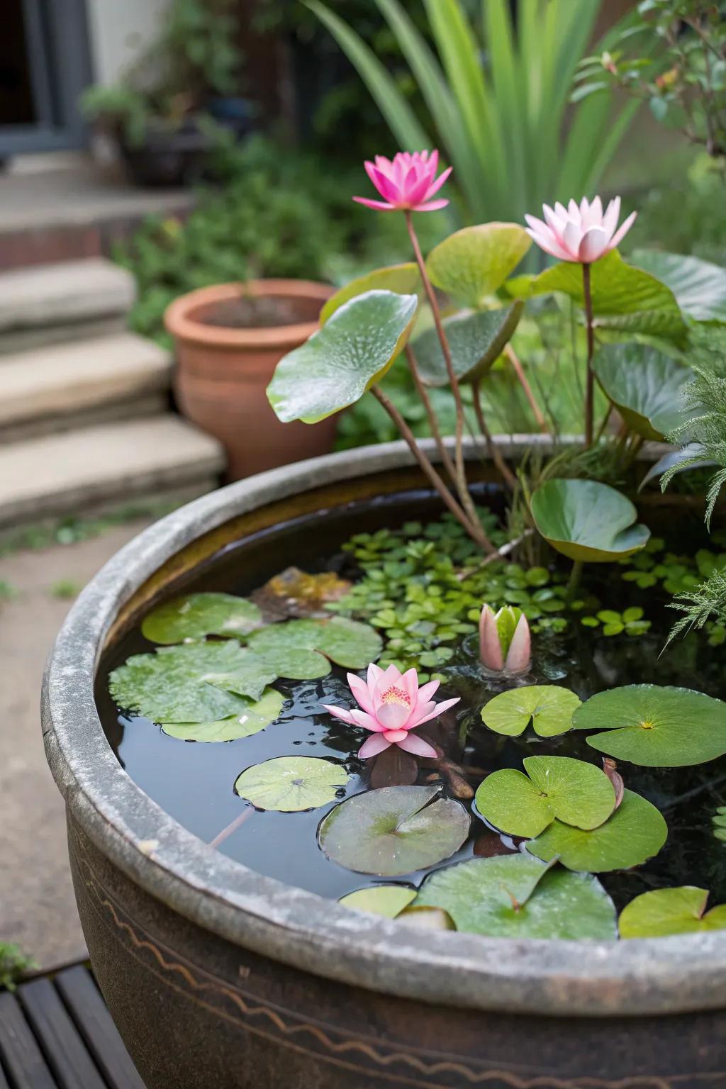 Create a peaceful water garden using a simple pot.