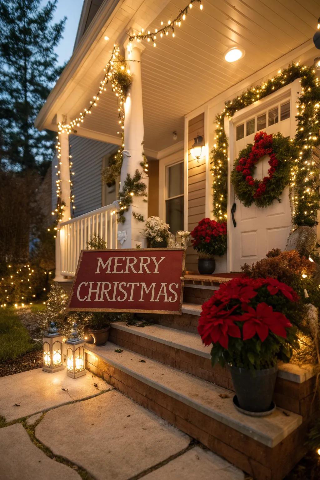 Custom holiday sign adding a personal touch to the porch.