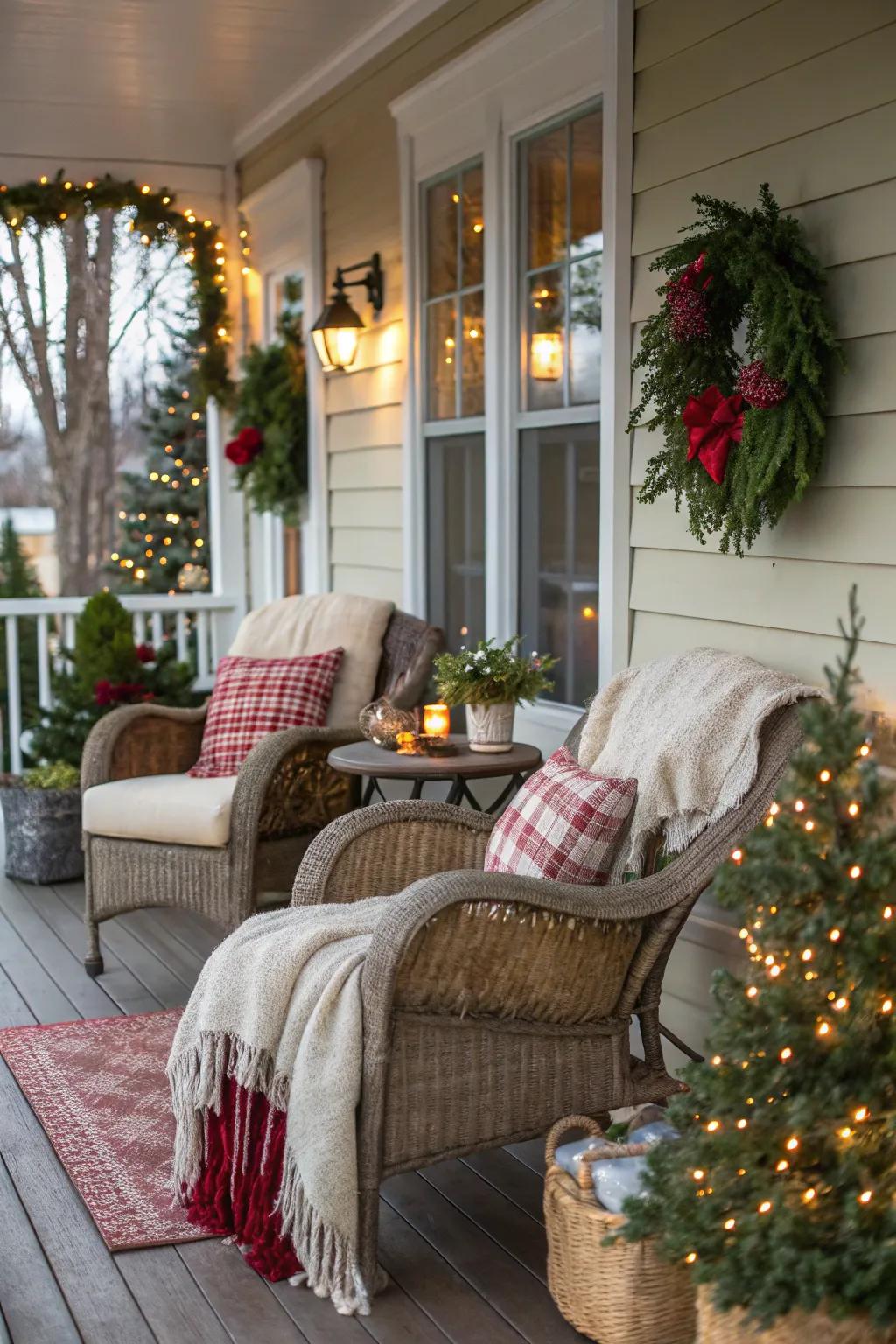 Soft throws draped over porch chairs for warmth.