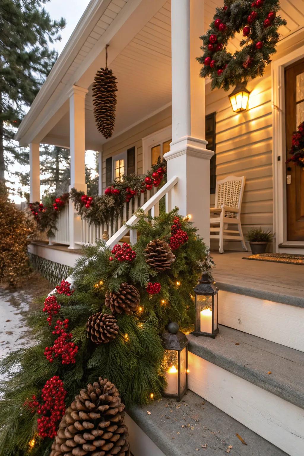 Rustic pinecones and berries enhancing holiday decor.