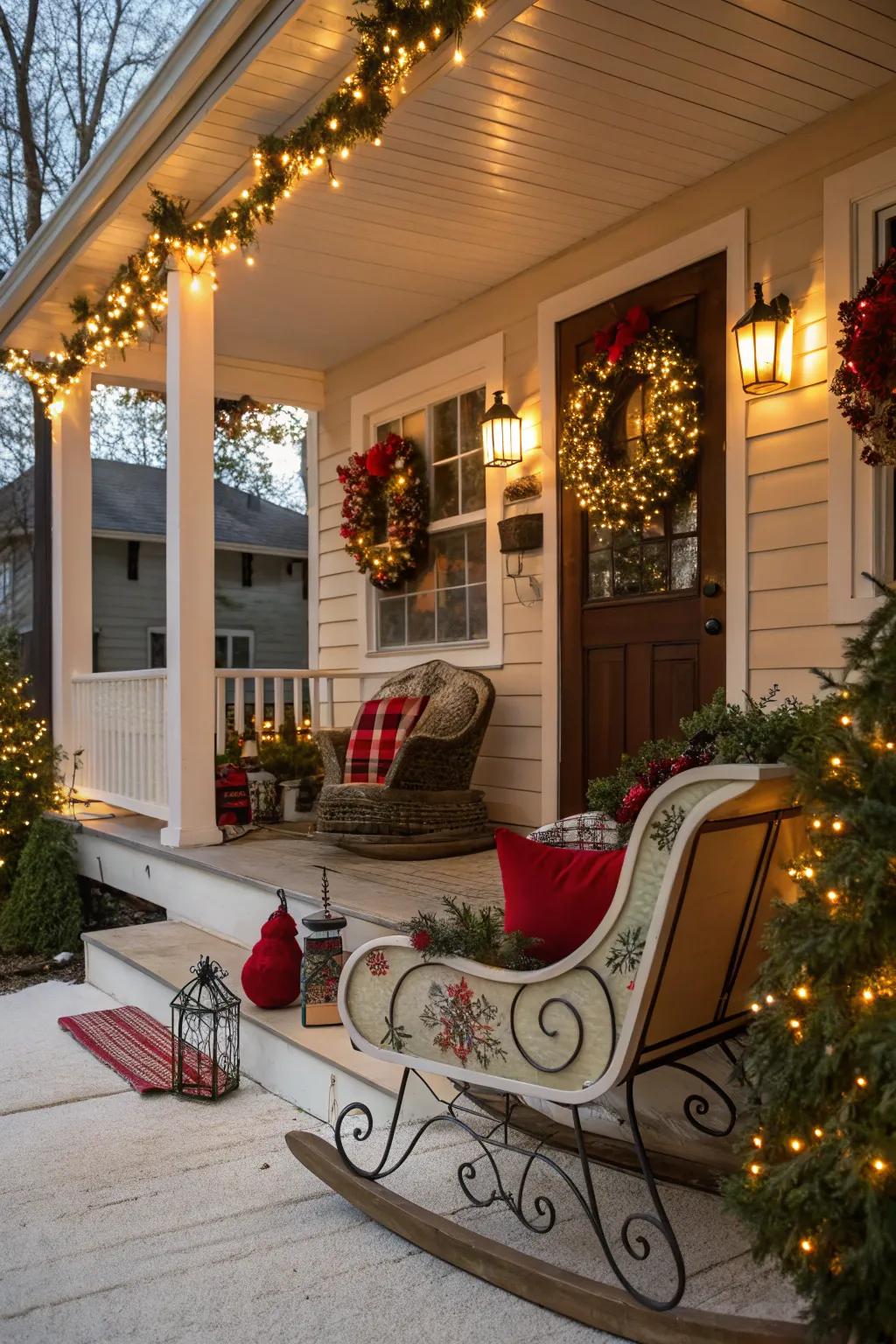 Decorative sled leaning against porch wall for a nostalgic touch.