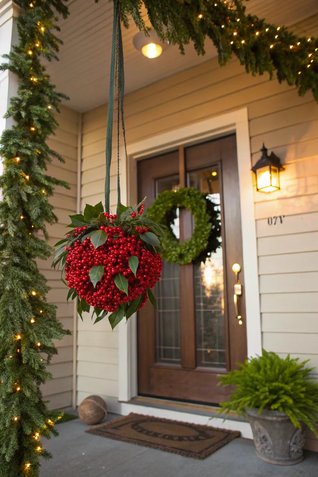 Handcrafted kissing ball made of greenery and berries.
