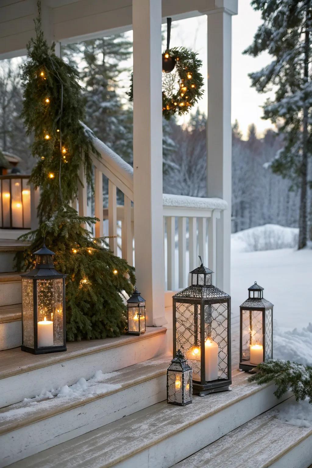 Metal lanterns with battery candles casting a warm glow.