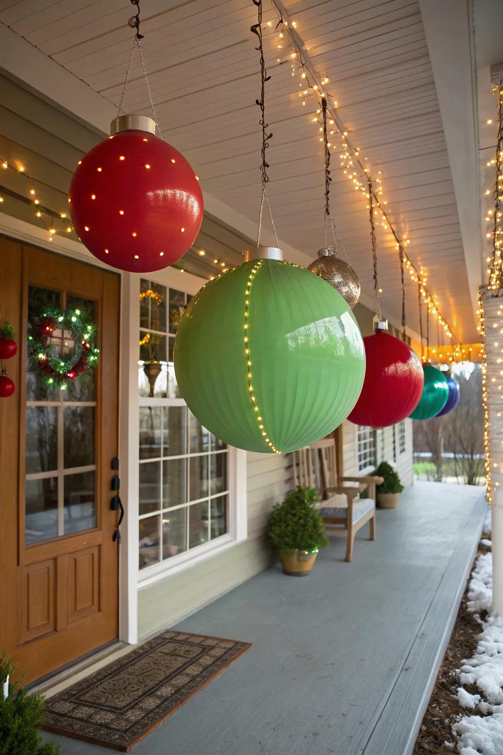 Large, colorful ornaments hanging from porch ceiling.