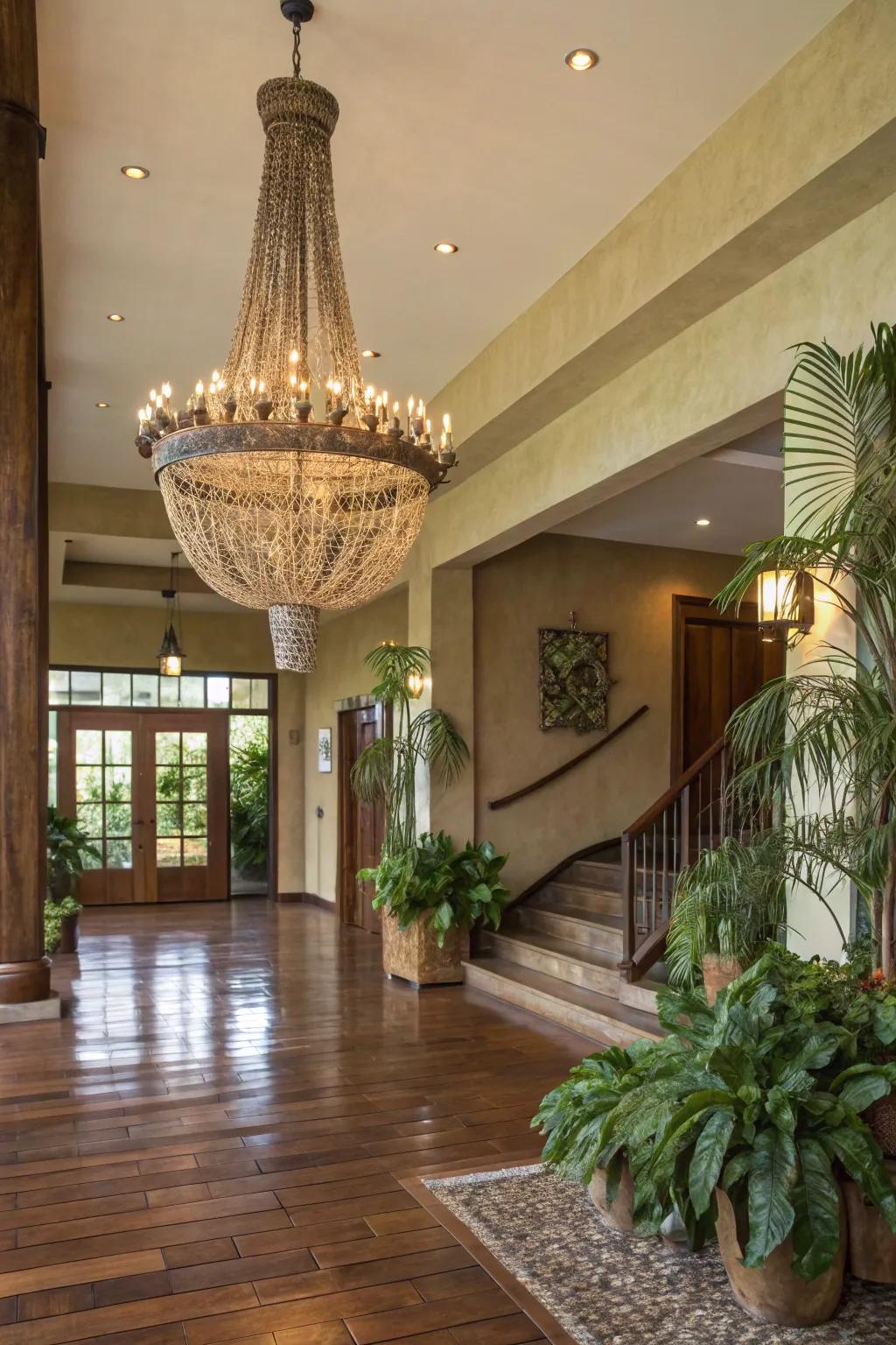 A sustainable chandelier crafted from recycled materials brightens this eco-conscious foyer.