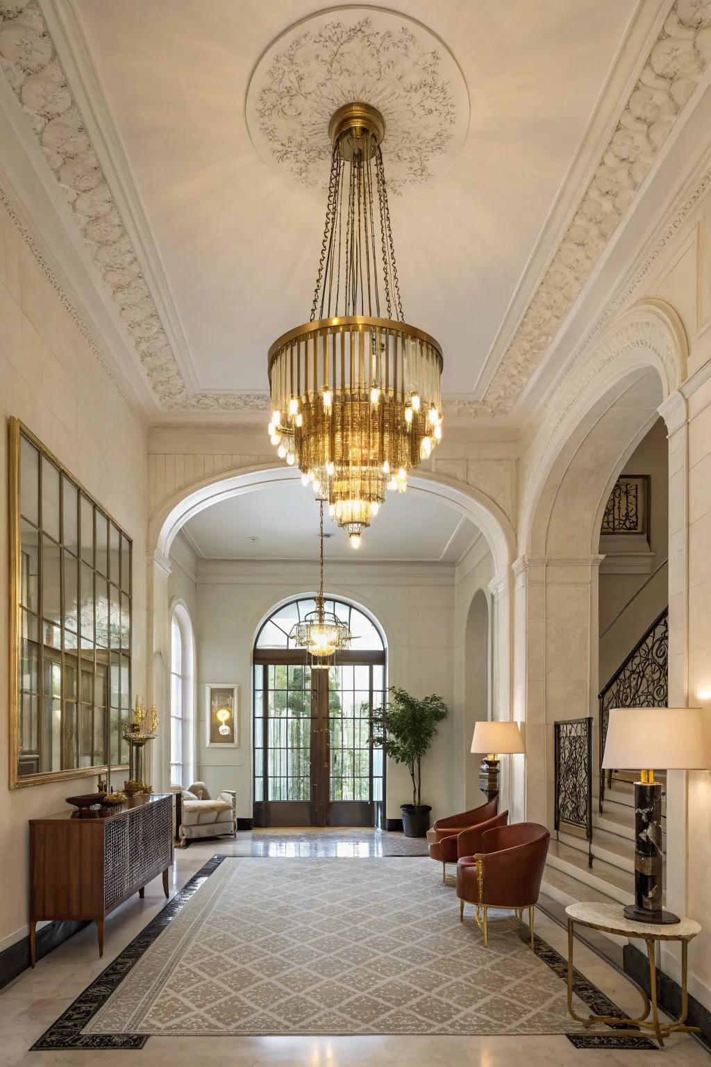A mid-century modern chandelier infuses retro elegance into this stylish foyer.