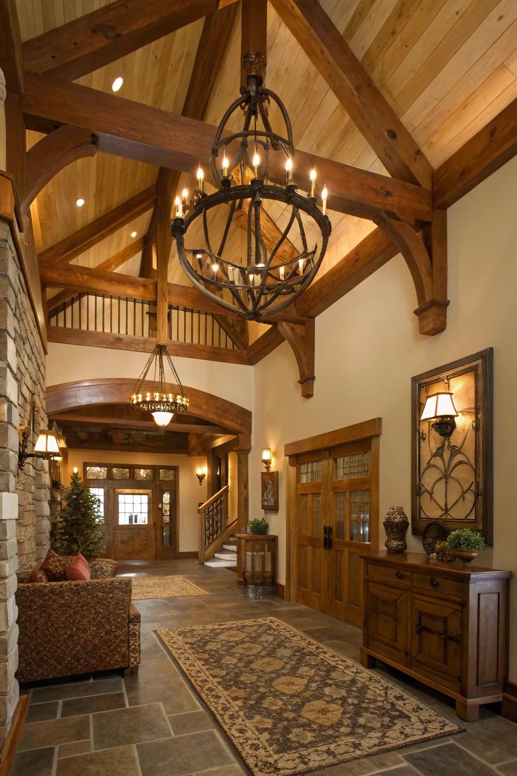 A wooden chandelier adds natural warmth to this craftsman-style foyer.