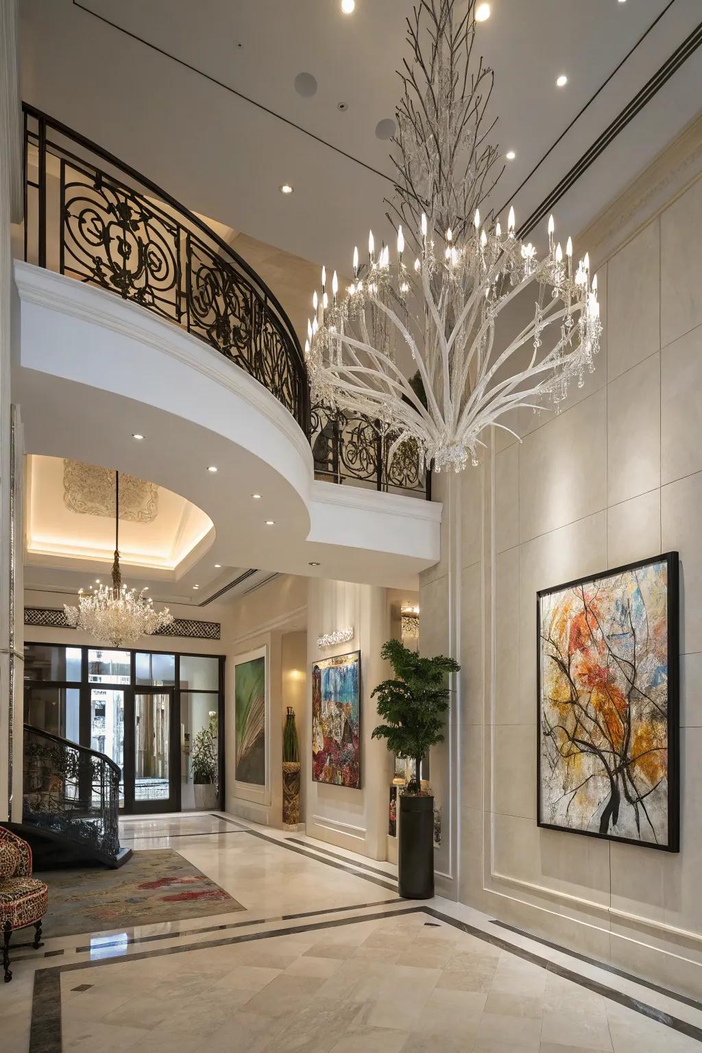 An art-inspired chandelier makes a bold statement in this modern foyer.