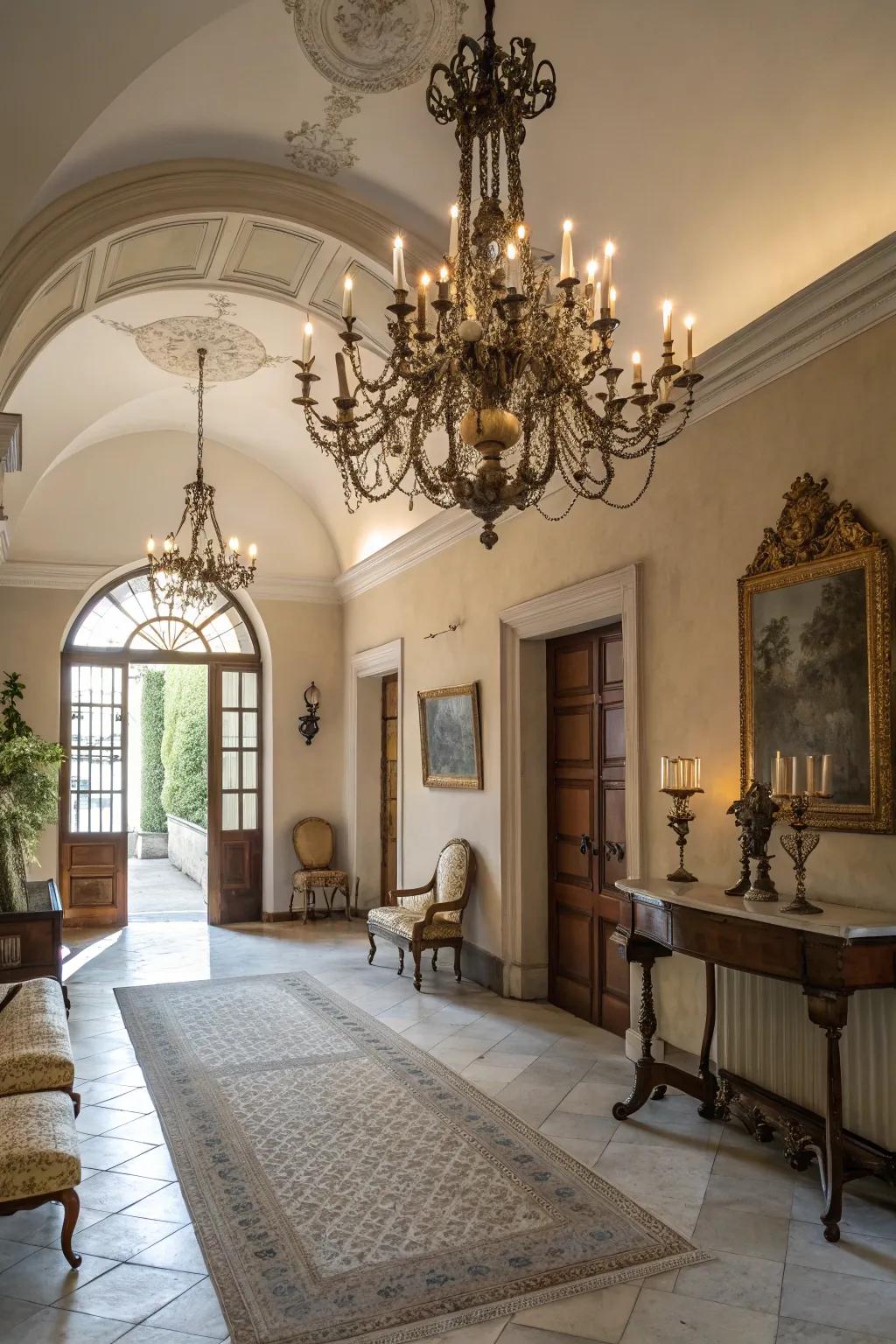 A candelabra chandelier exudes vintage charm in this classic foyer.