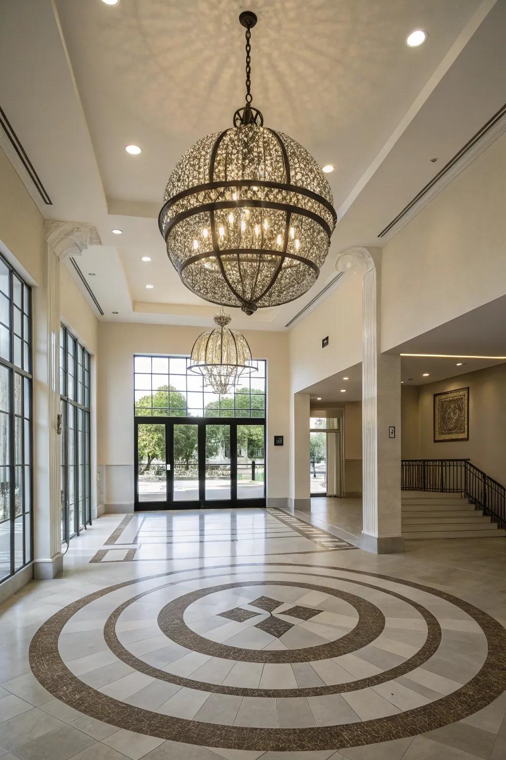 A sleek orb chandelier adds modern sophistication to this airy foyer.