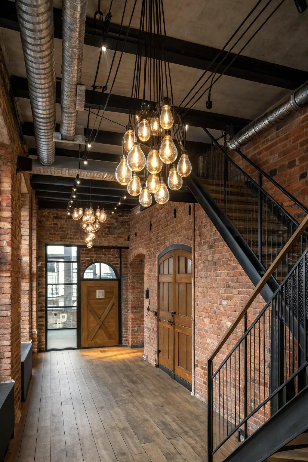 Exposed bulbs create an industrial atmosphere in this cozy foyer.