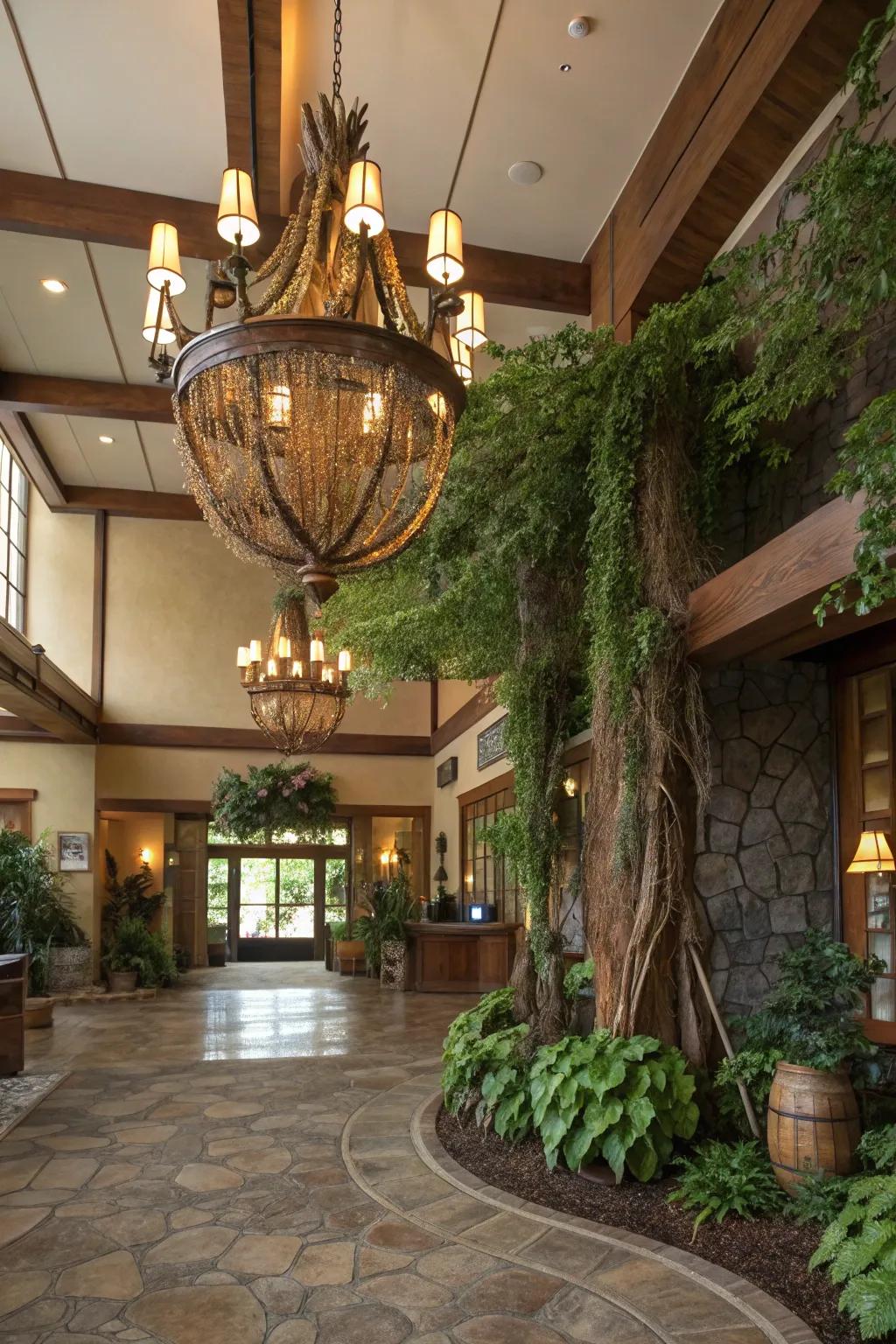 An organic-shaped chandelier enhances this nature-inspired foyer.