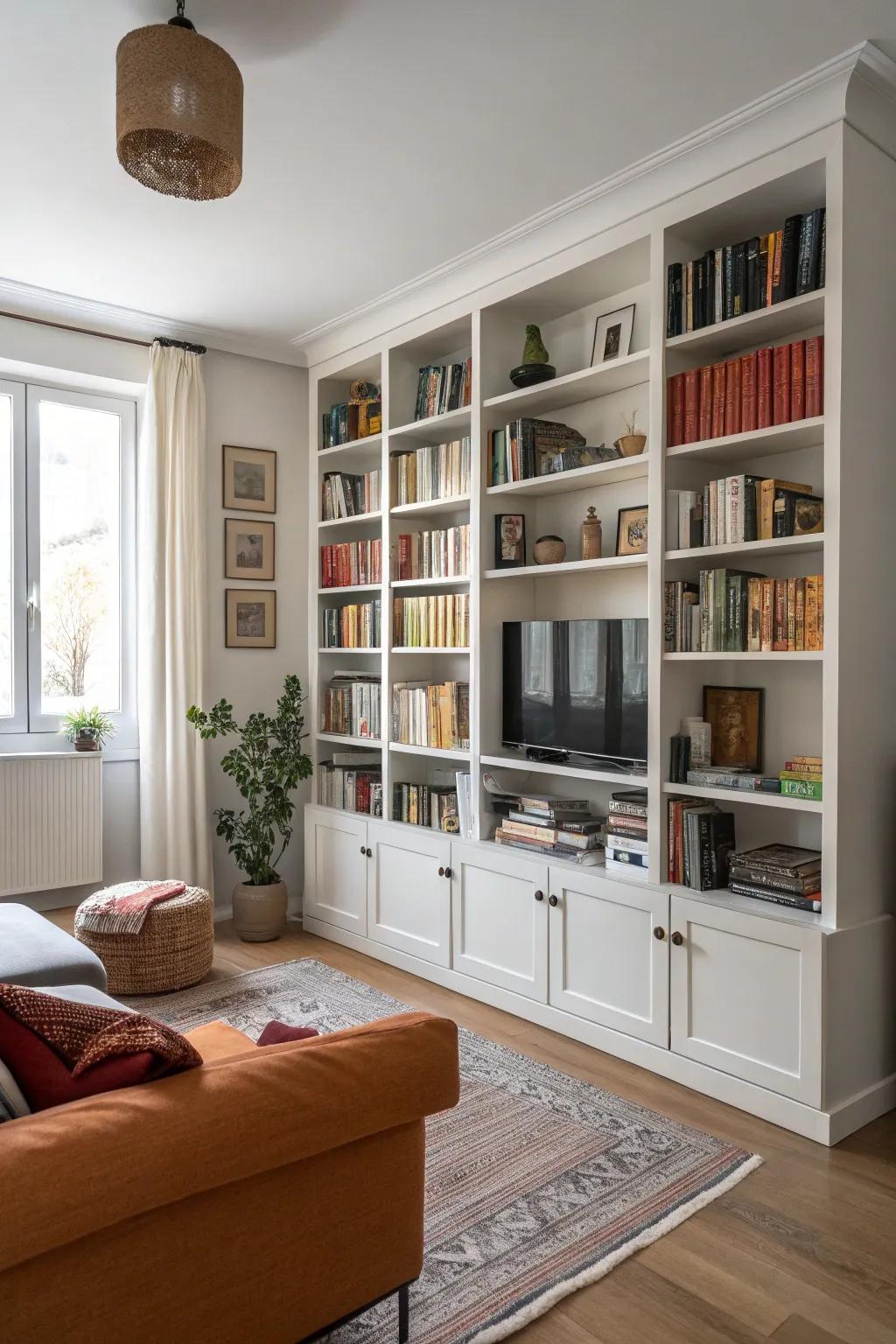 Vertical storage solutions keep your living room tidy and spacious.