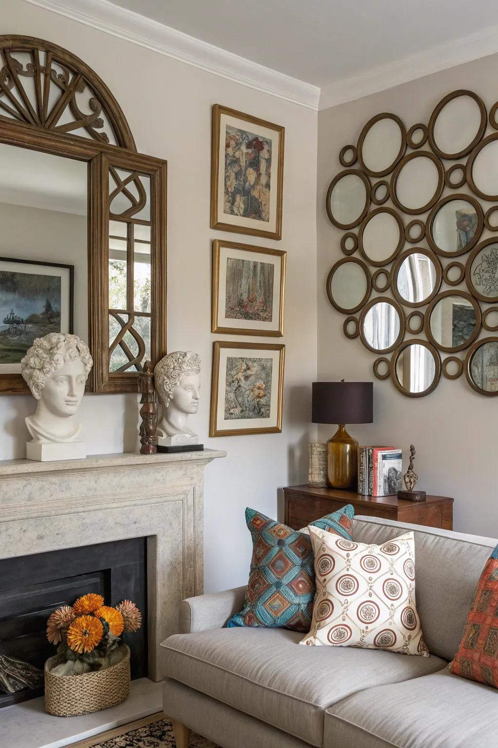 Mirrors and art amplify space and style in your living room.