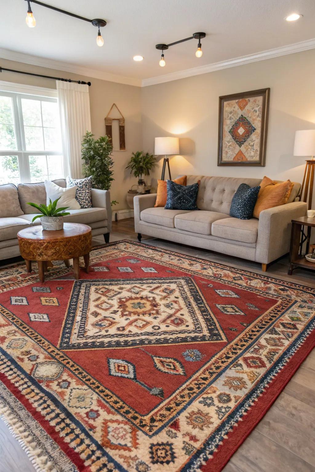 A standout rug can anchor your living room's design.