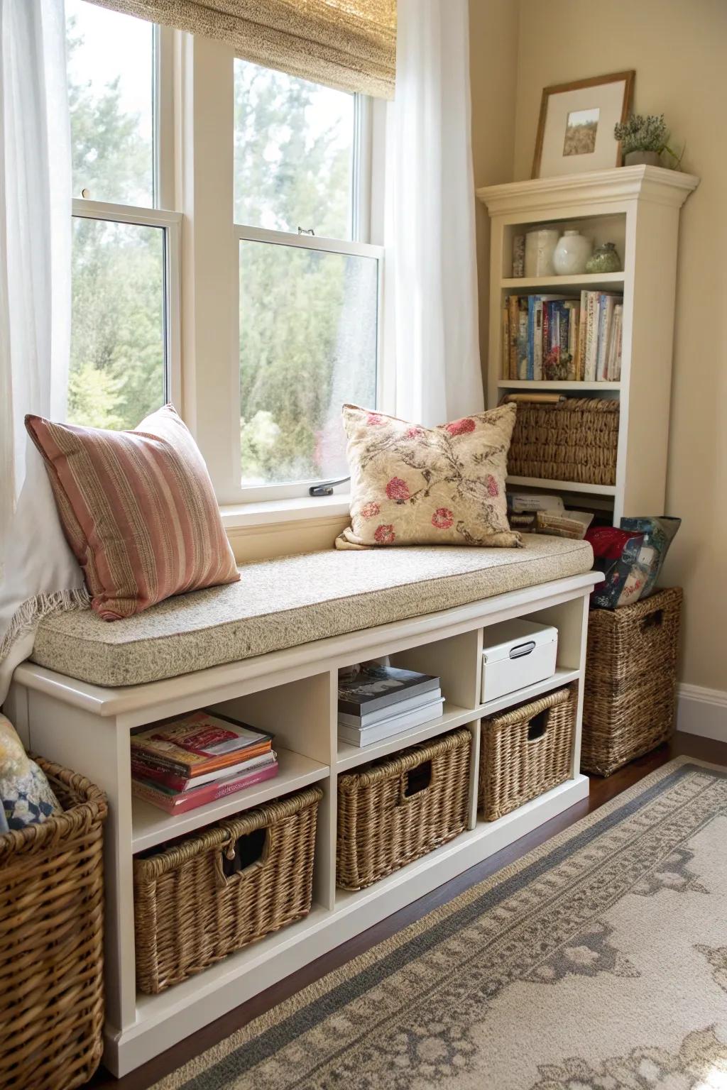 Under-bench storage keeps your living room neat and functional.