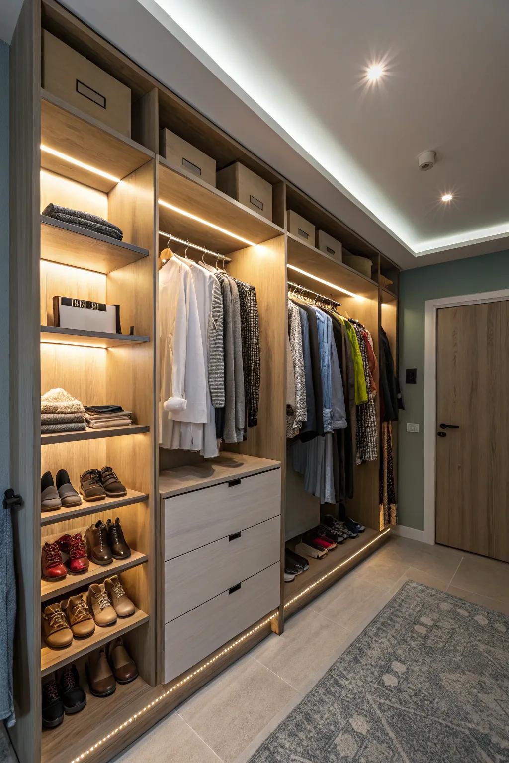 Smart lighting adds convenience and ambiance to your closet.