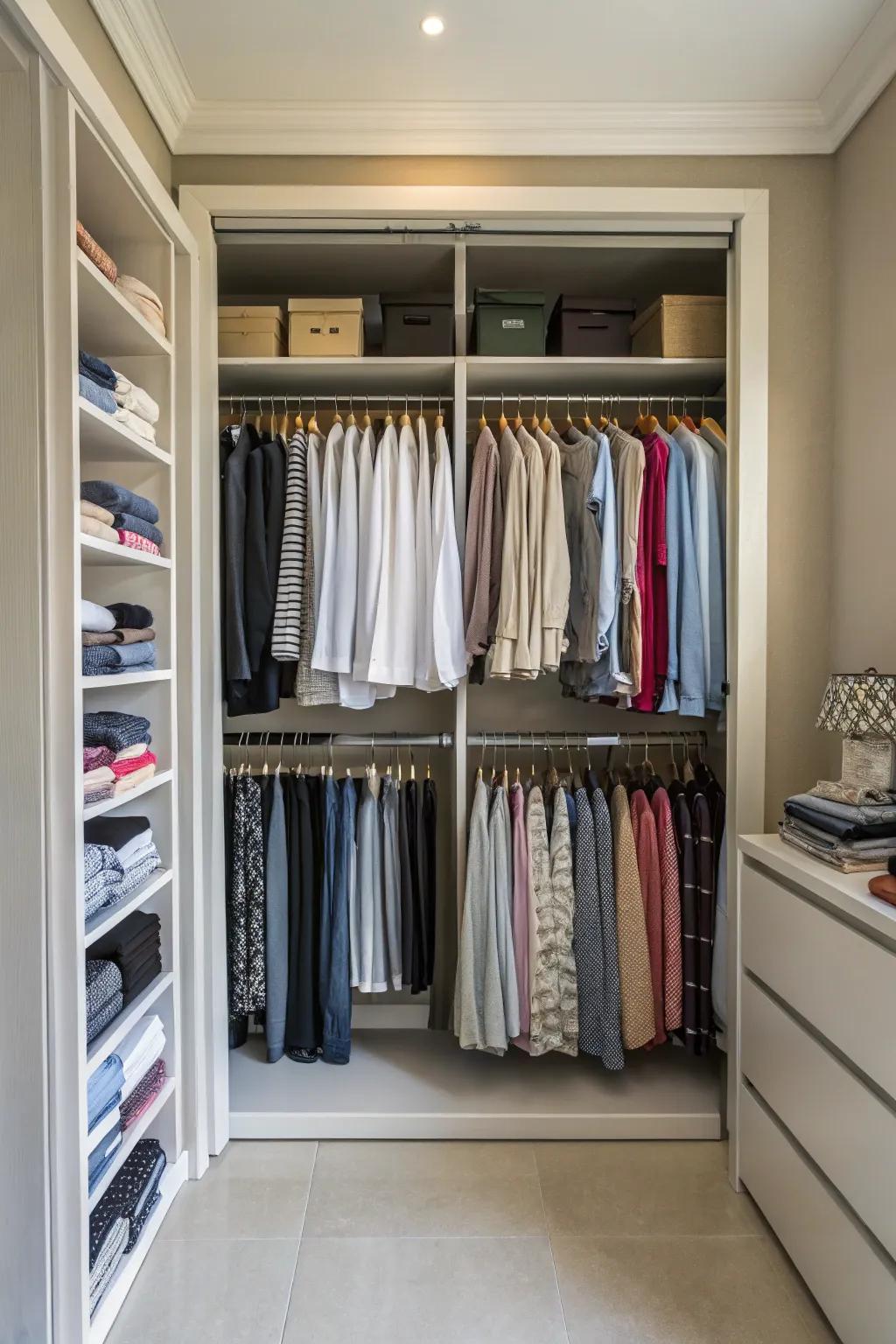 Double hanging rods maximize vertical closet space.