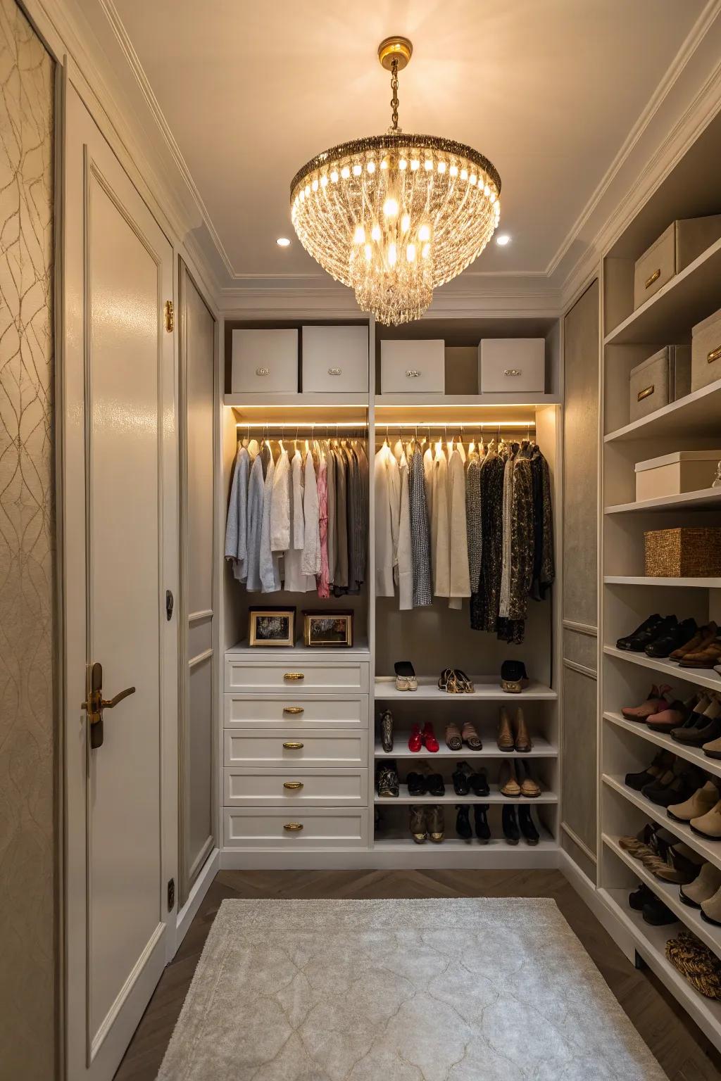 A chic lighting fixture enhances your closet's atmosphere.