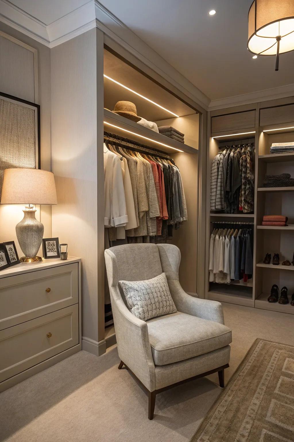 A cozy seating area enhances your closet's comfort and usability.