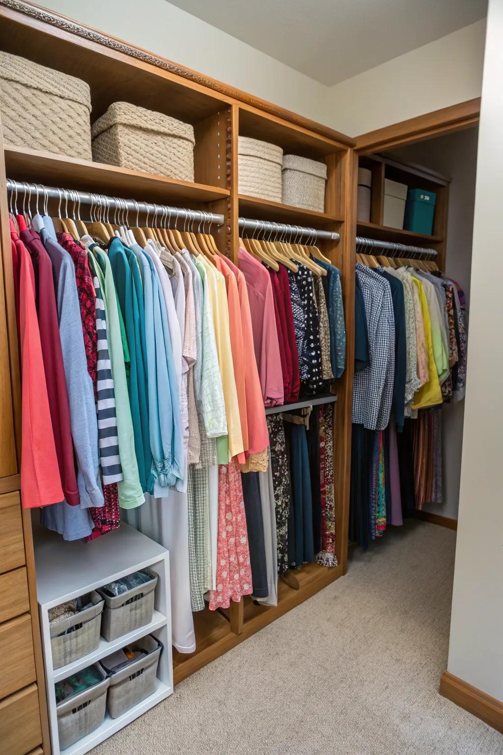 Color-coding your closet brings order and visual appeal.