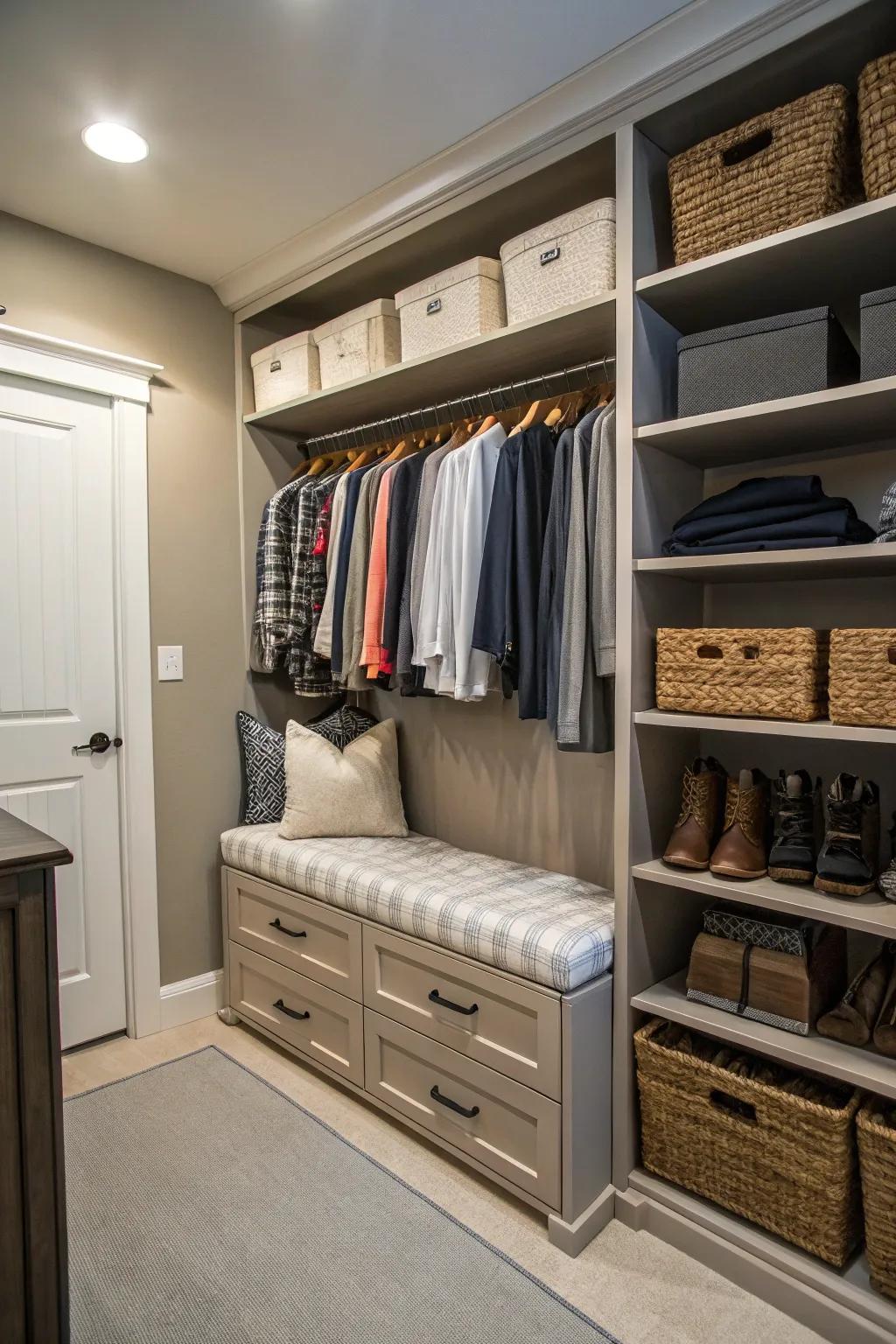 Multi-purpose furniture boosts closet efficiency.