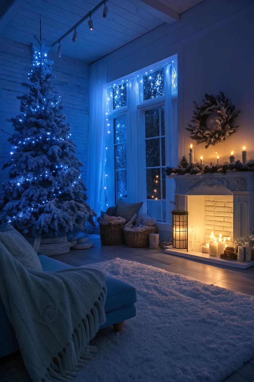 Blue ambient lighting creating a winter ambiance