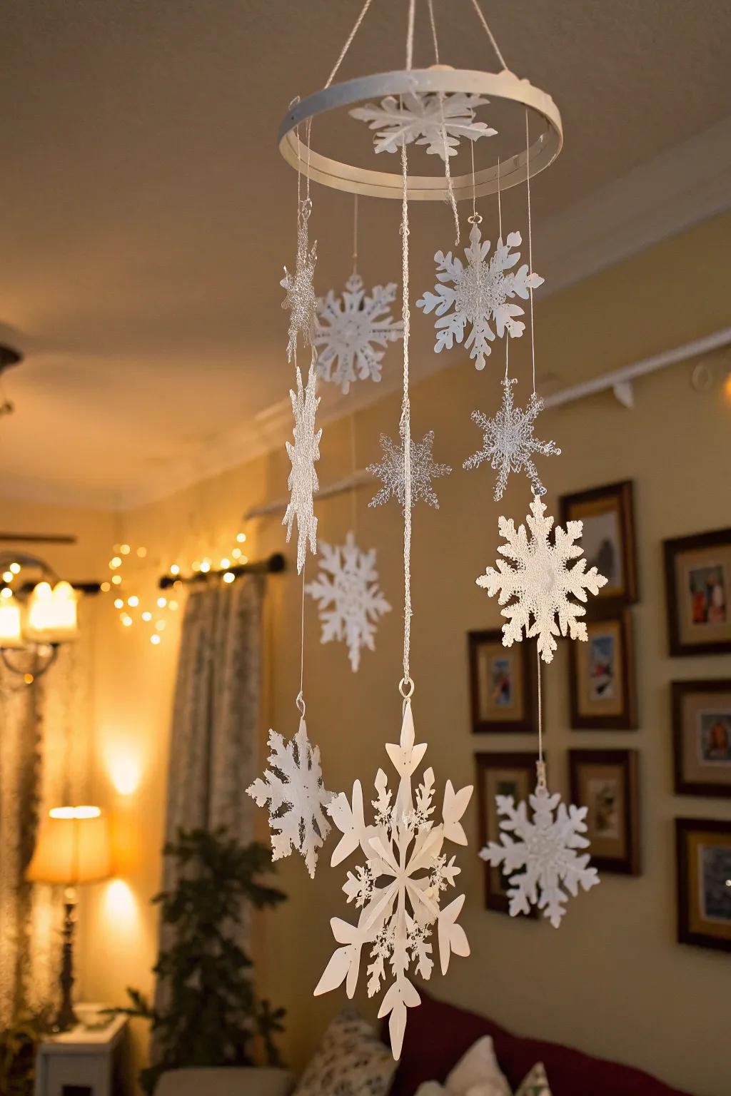 Handcrafted snowflake mobile hanging indoors