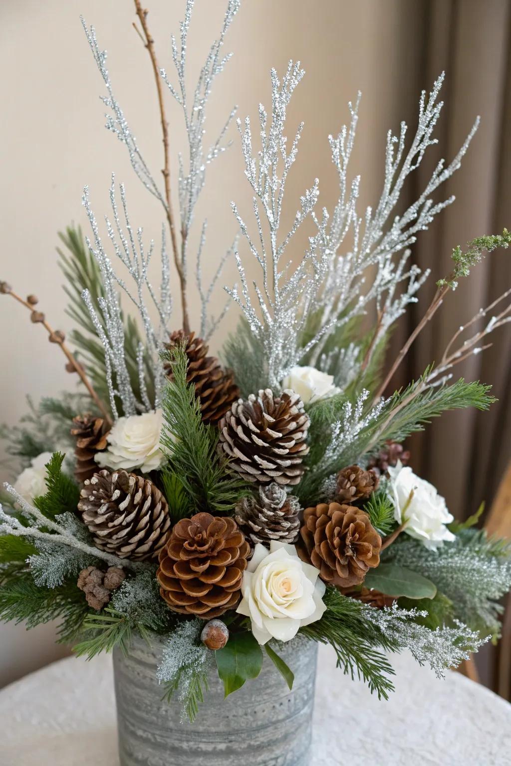 Winter floral arrangements with pinecones and silver branches