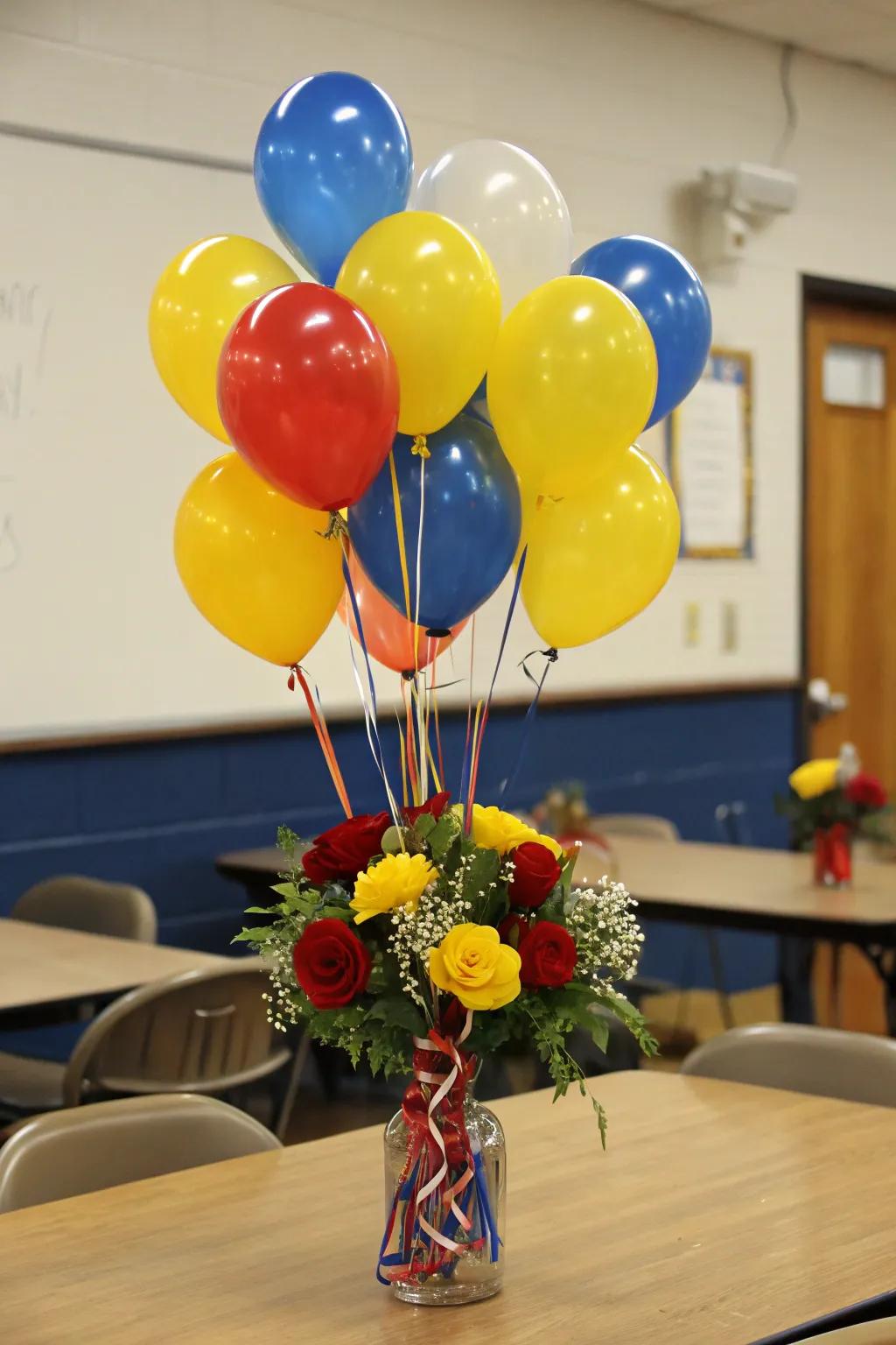 Colorful balloon clusters creating a lively party vibe.