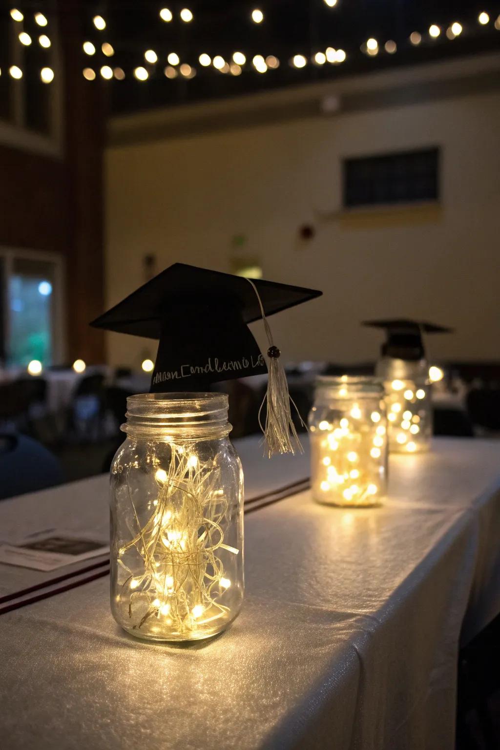 Mason jars illuminated with warm LED lights for ambiance.