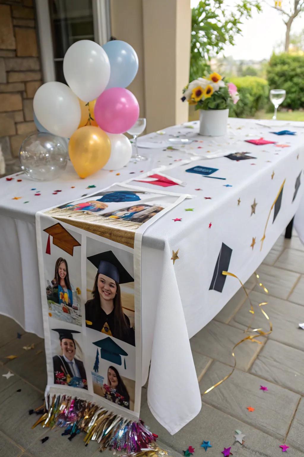A lively table runner that complements graduation decor.