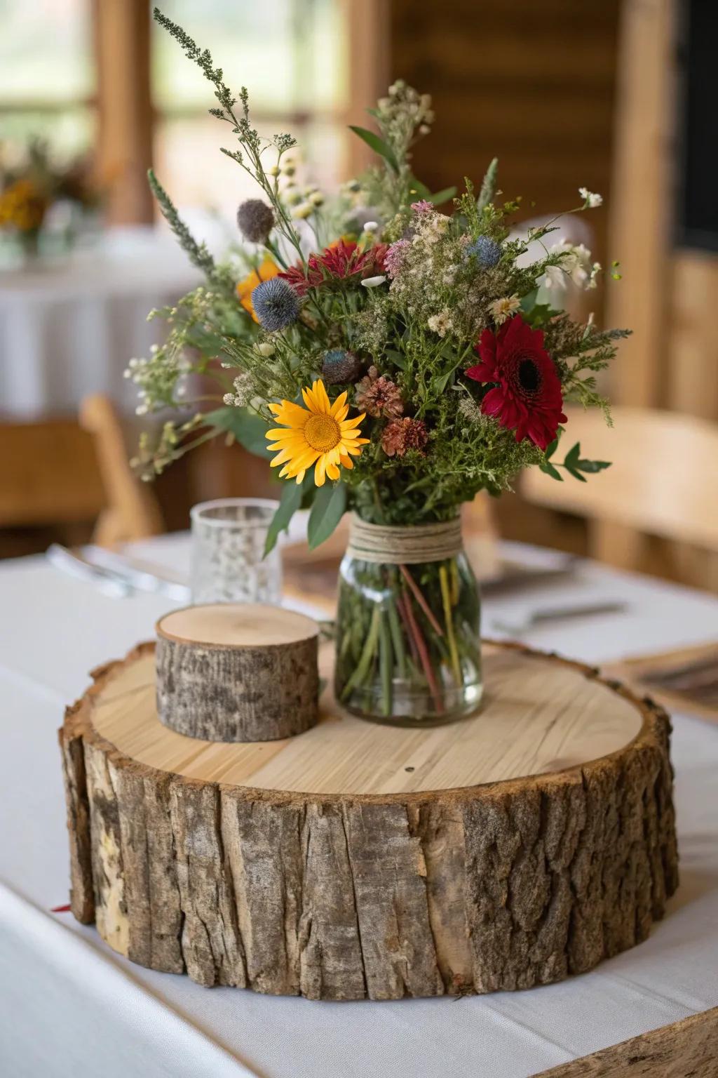 Rustic wood pieces adding warmth and texture to the table.
