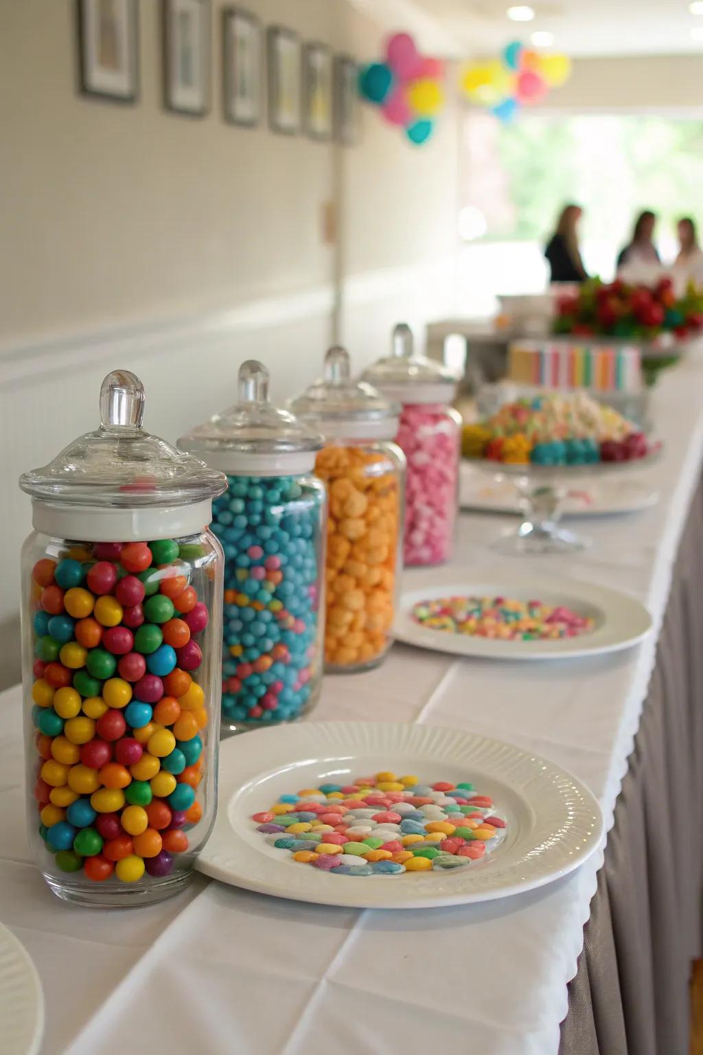 Colorful candy jars adding a playful centerpiece option.