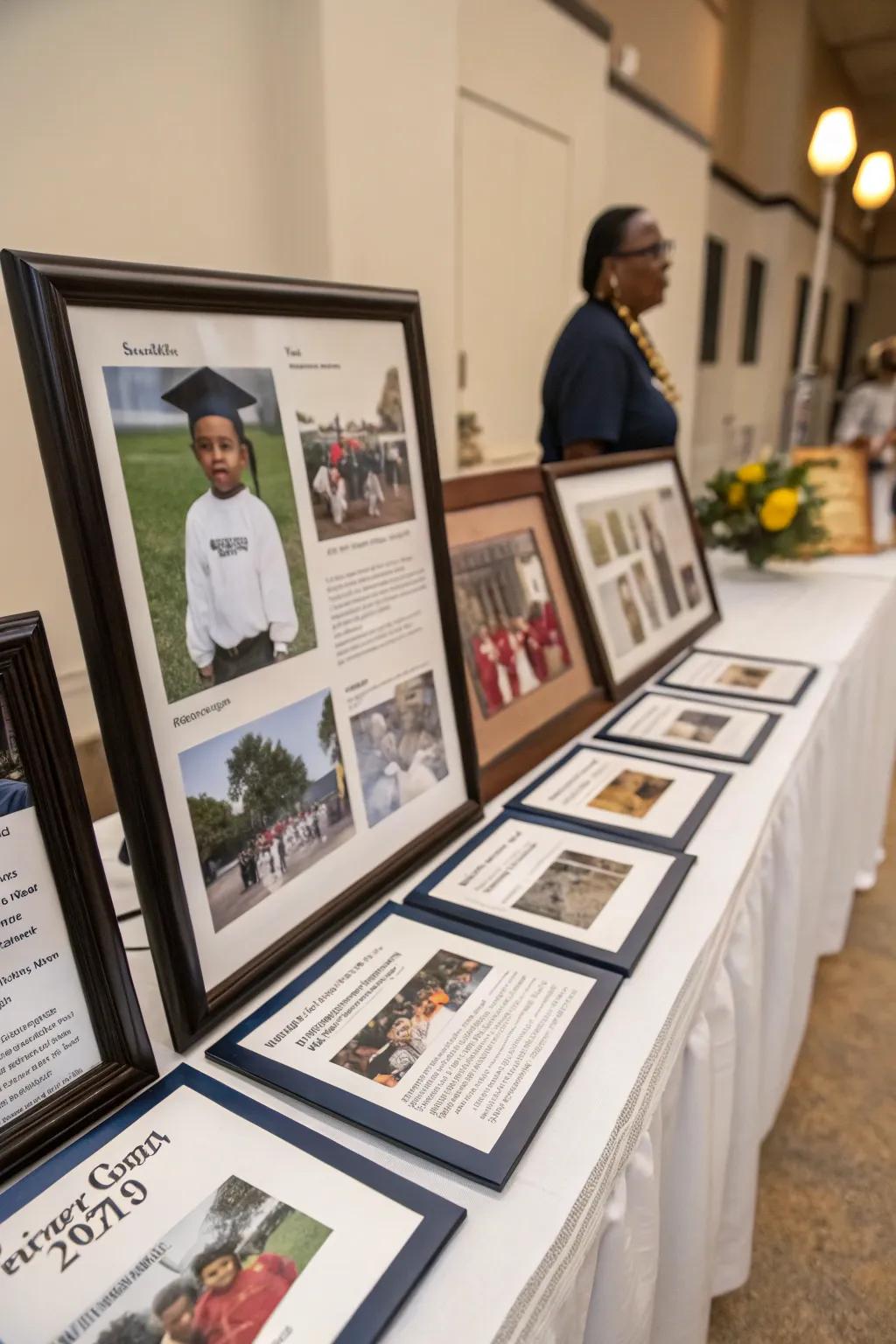 A photo timeline centerpiece celebrating the graduate's journey.