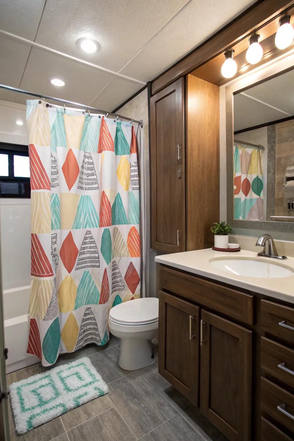 A decorative shower curtain can serve as a bathroom centerpiece.