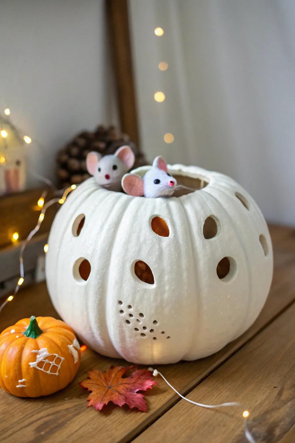 Playful white pumpkin design featuring toy mice