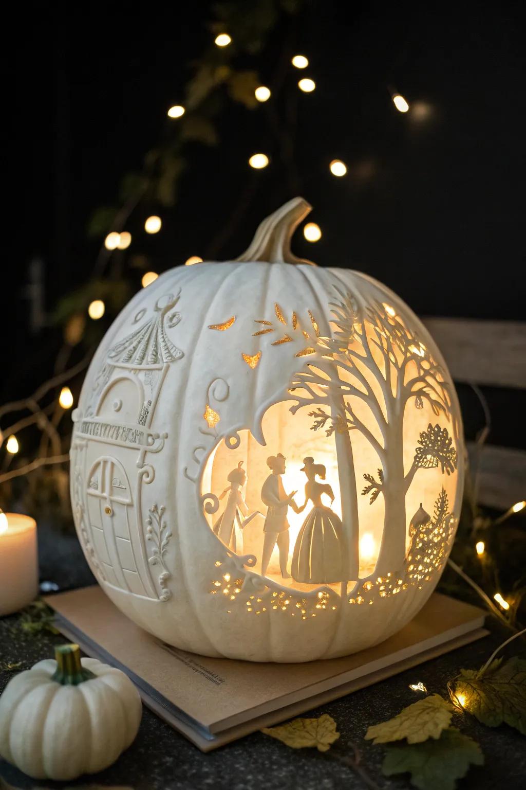 White pumpkin carved with <a href=