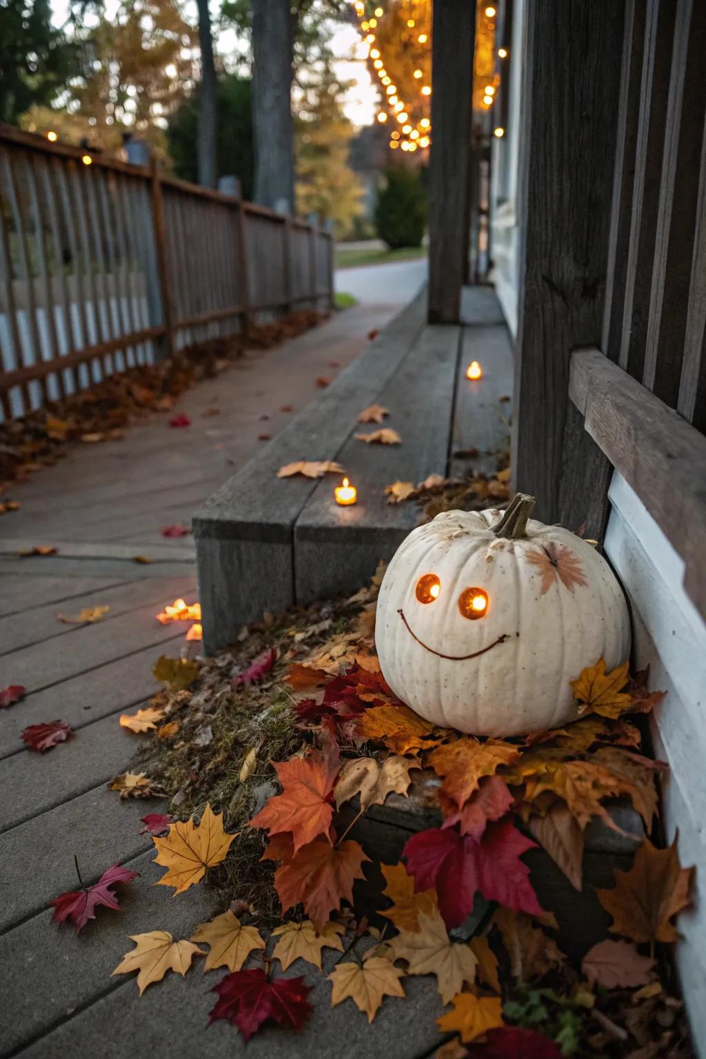 Carved white pumpkin showcased in a festive outdoor setting