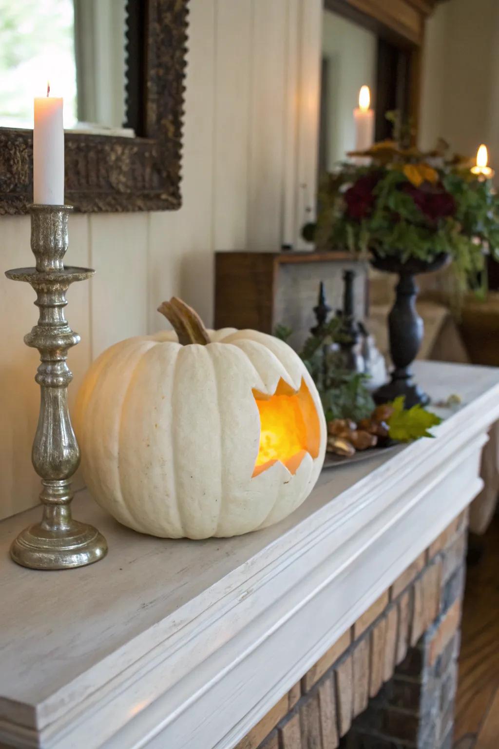 White pumpkin carved to mimic a glowing candlestick