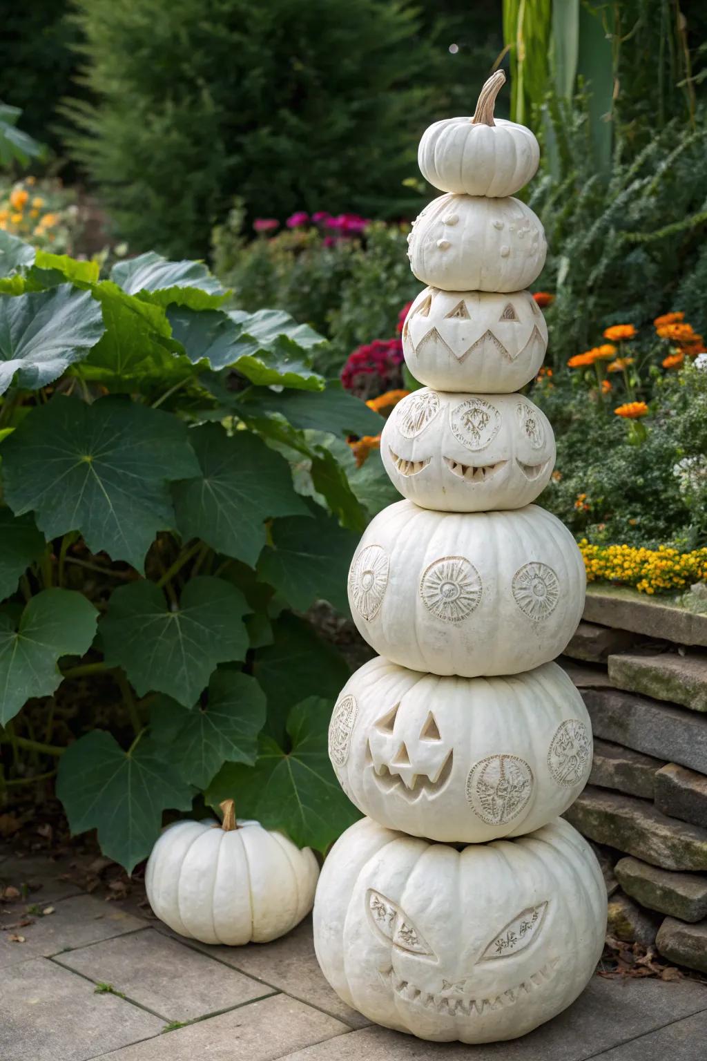 Elegant totem of stacked white pumpkins