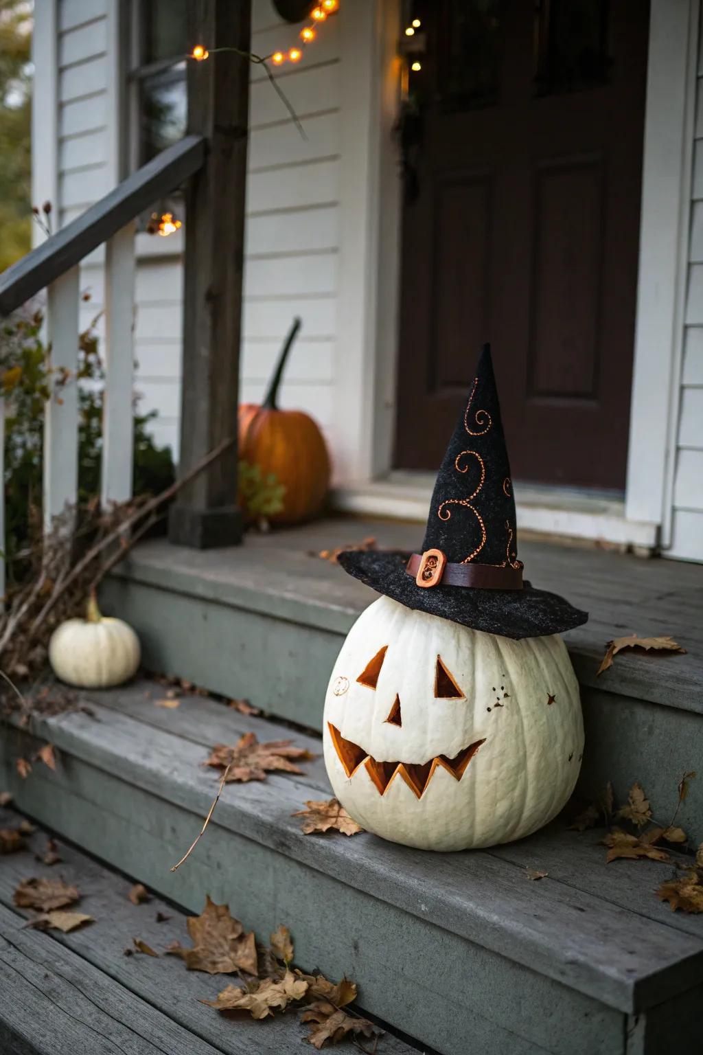 White pumpkin decorated with a whimsical witch hat