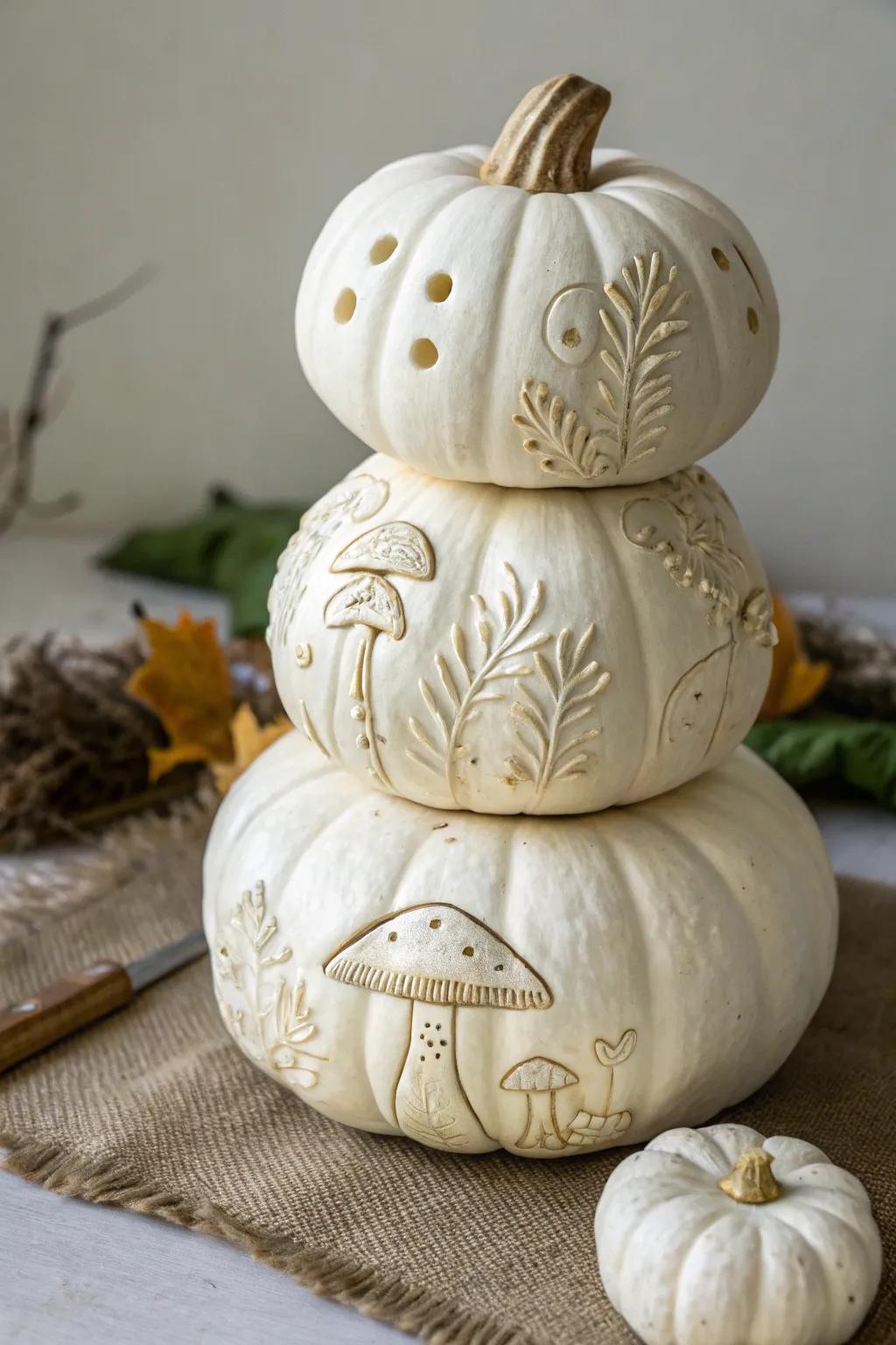 White pumpkin styled as a whimsical mushroom