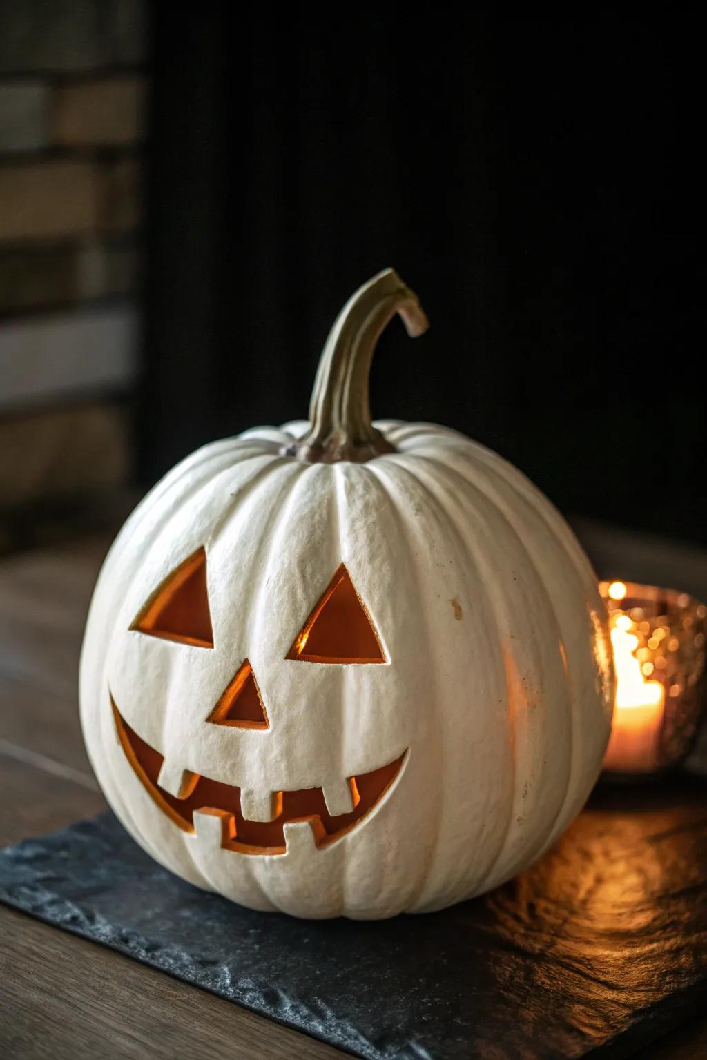 Traditional Jack-O-Lantern design carved into a white pumpkin