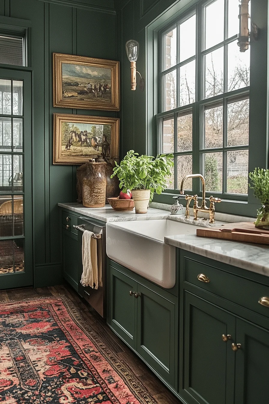 Lush Forest Green farmhouse kitchen