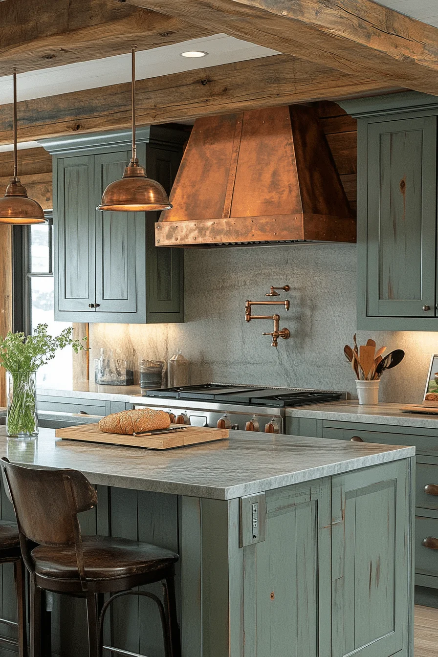 Tranquil Pine Green farmhouse kitchen
