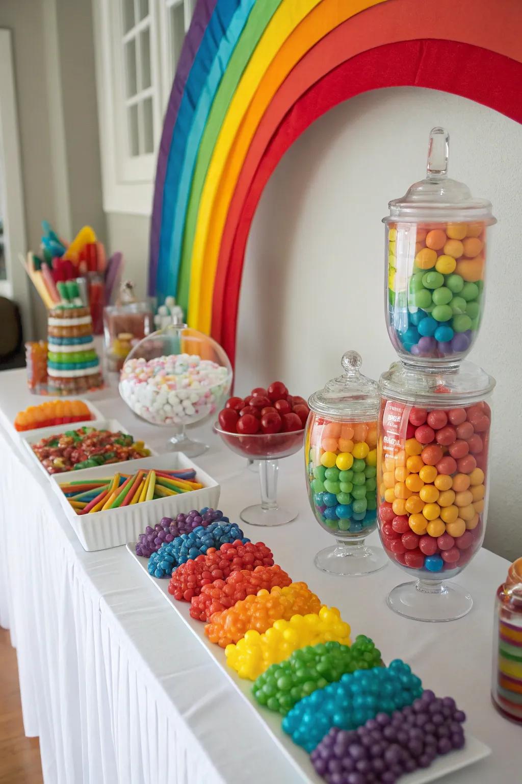 Basic colors like rainbow themes make candy selection easier and more affordable.